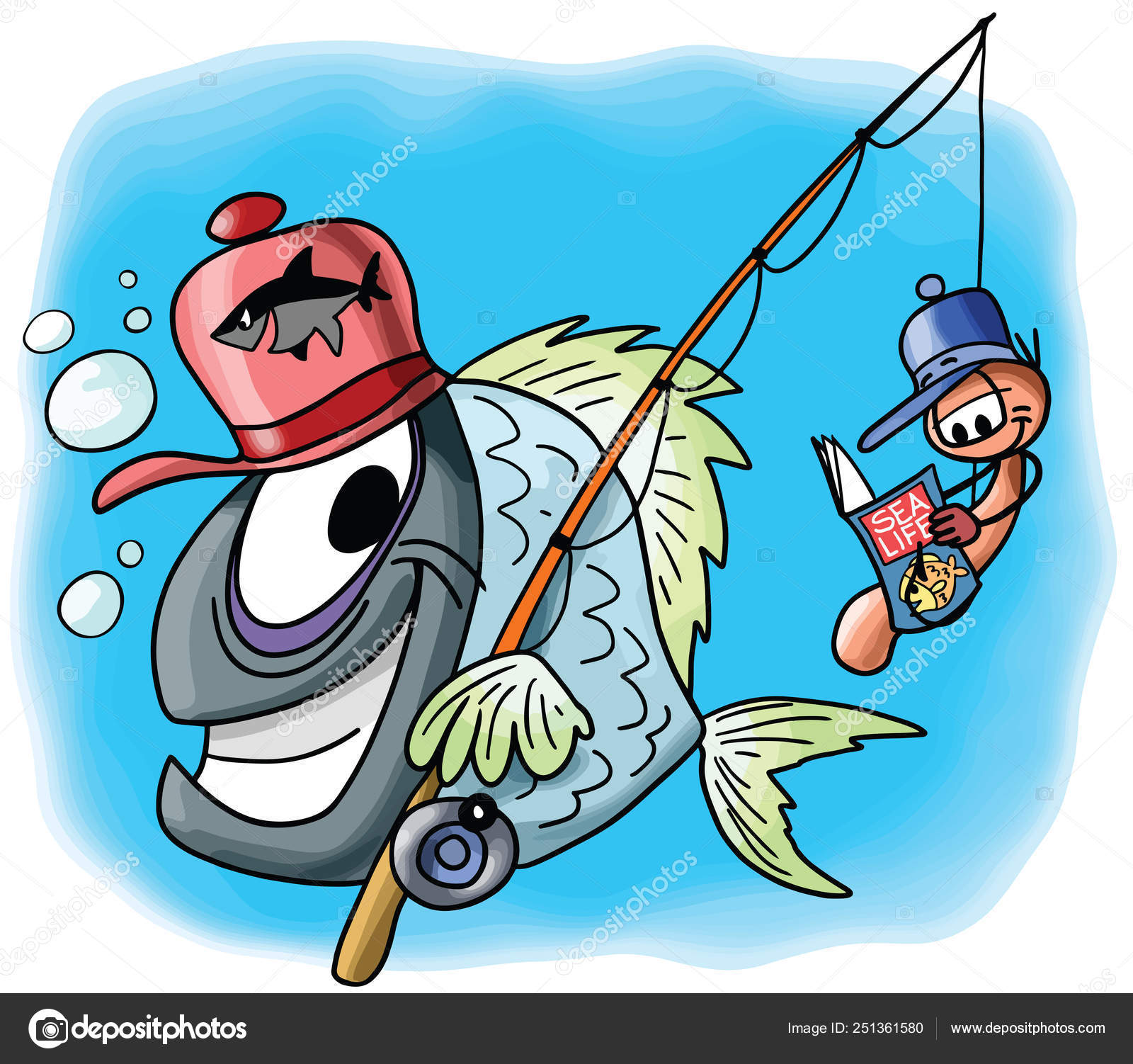 Personagem Peixe Dos Desenhos Animados Vai Pescar Junto Com Seu Vetor de  ©denizuzunoglu@gmail.com 251361580
