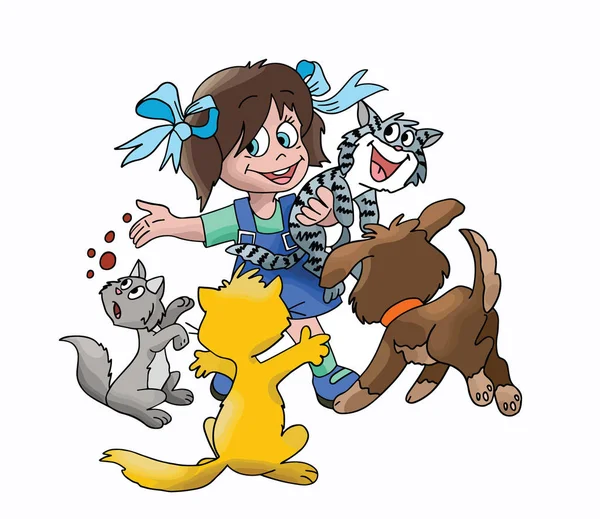 Chica Dibujos Animados Con Vestido Azul Alimentar Sus Mascotas Vector — Archivo Imágenes Vectoriales
