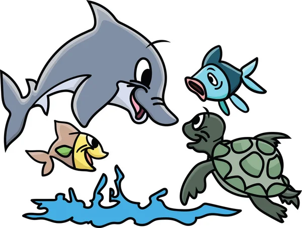 Cartoon Sea Animals Playing Water Vector Illustration — Stock Vector