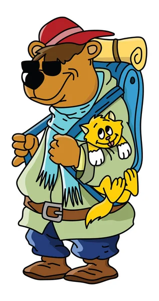 Kreskówka Brązowy Niedźwiedź Idzie Camping Jego Kot Przyjaciel Wektor Ilustracja — Wektor stockowy