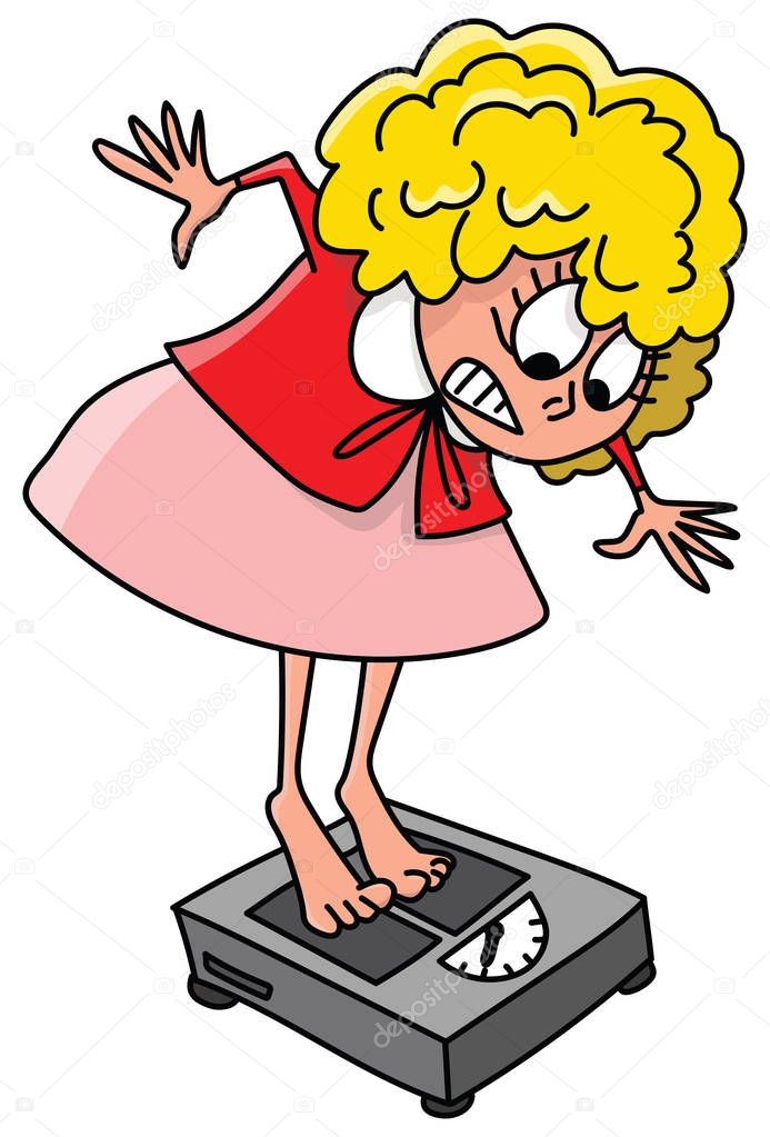 Cartoon woman gets shocked as she steps on the scale vector illustration