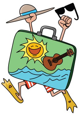 şapkasını tutan palet giyen karikatür adam ve güneş gözlüğü bir tatil vektör illüstrasyon gidiyor