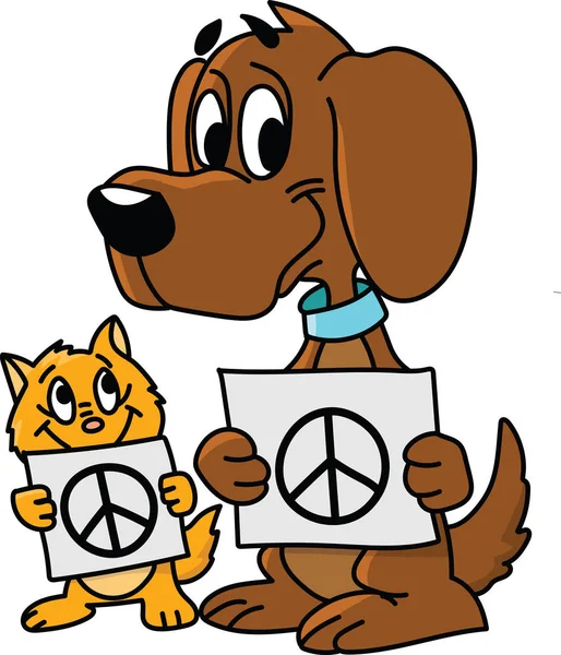 卡通猫和狗持有卡与和平符号的矢量插图 — 图库矢量图片