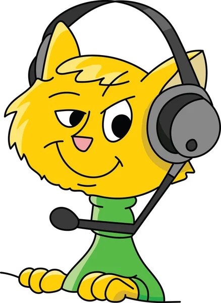 Personagem de gato dos desenhos animados com um fone de ouvido em sua cabeça dando suporte ao cliente ilustração vetor — Vetor de Stock