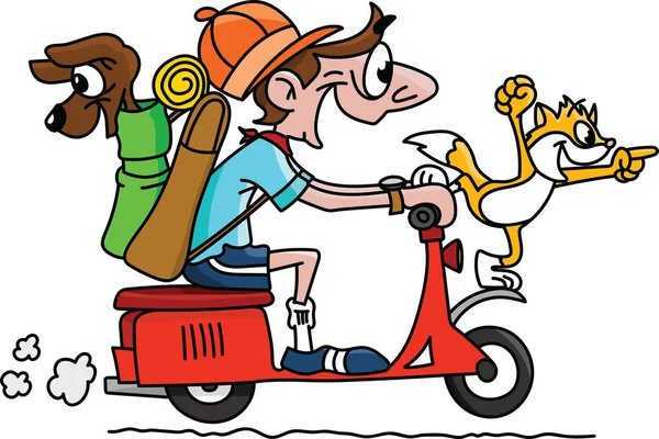 Cartoon Mann Auf Einem Motorrad Mit Seinem Hund Und Katze — Stockvektor