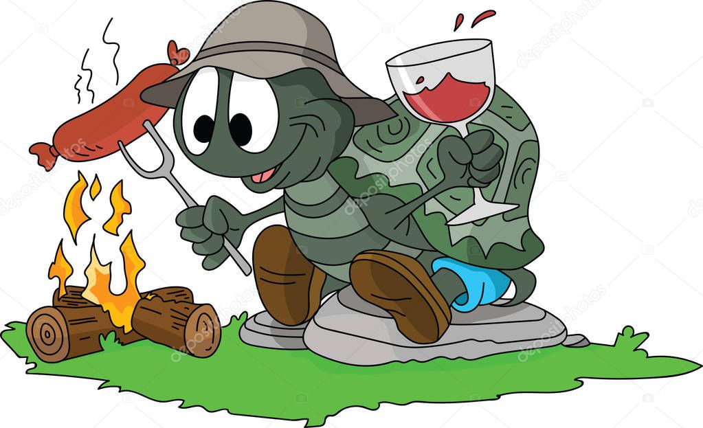 Cartoon turtle cooking sausages on fire and drinking wine in the forest, camping alone vector illustration
