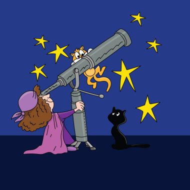 Karikatür astrolog gece vektör illüstrasyon bir teleskop ile gökyüzünde yıldız pozisyonları bakarak