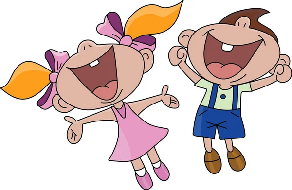 快乐卡通男孩和女孩跳在空气矢量插图 — 图库矢量图片