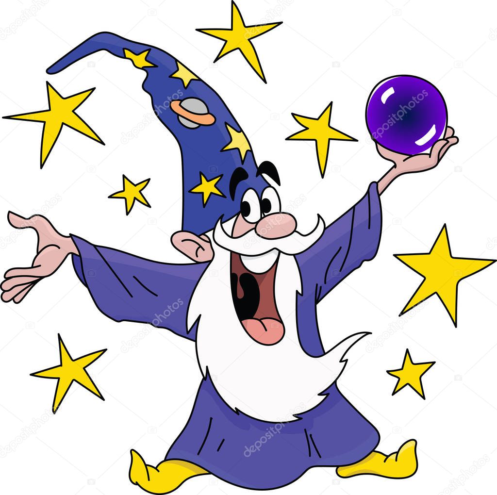 Cartoon magician holding a crystal ball in his hands vector illustration