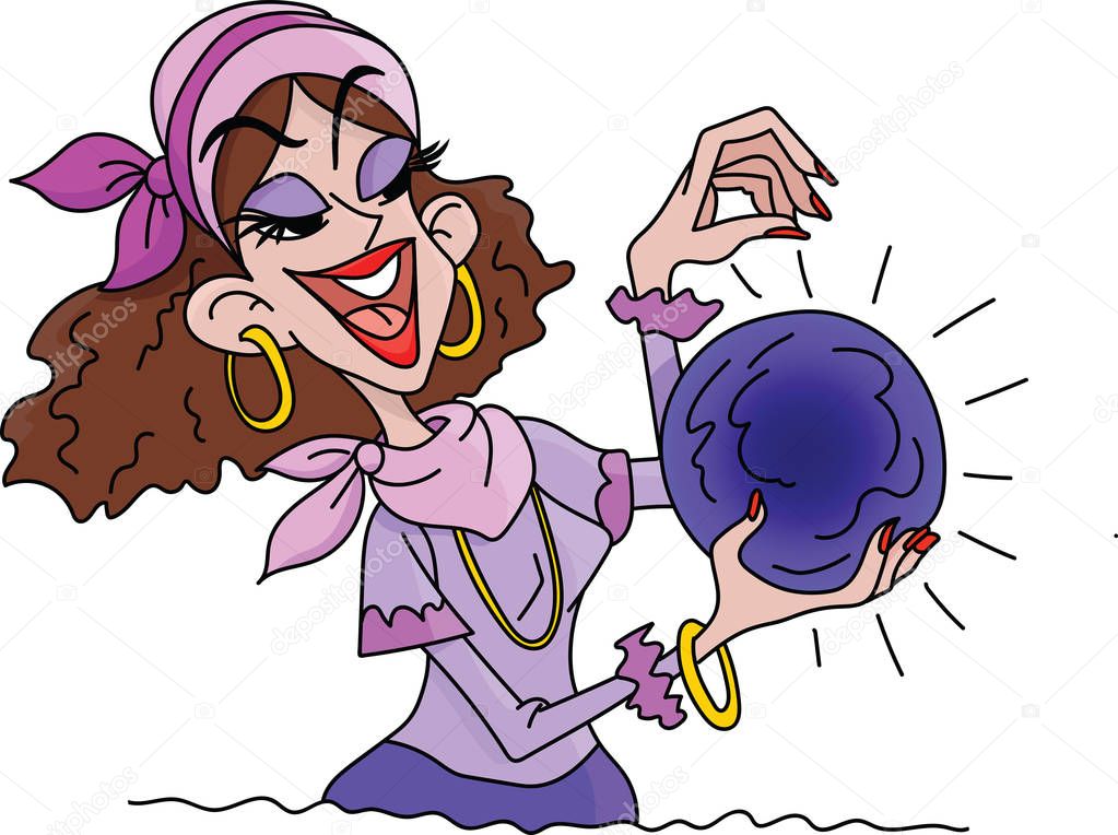 Cartoon fortune teller holding a crystal ball in his hands vector illustration