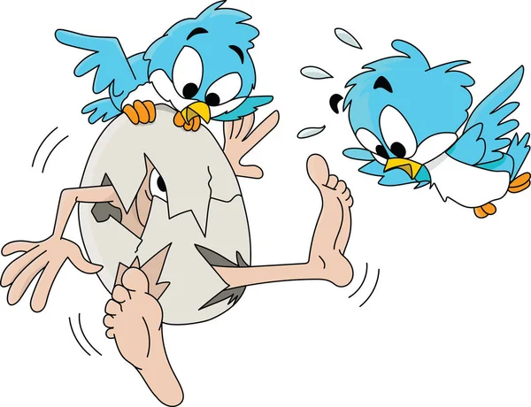 卡通人孵化从鸡蛋与惊讶的蓝色鸟类周围的矢量插图 — 图库矢量图片