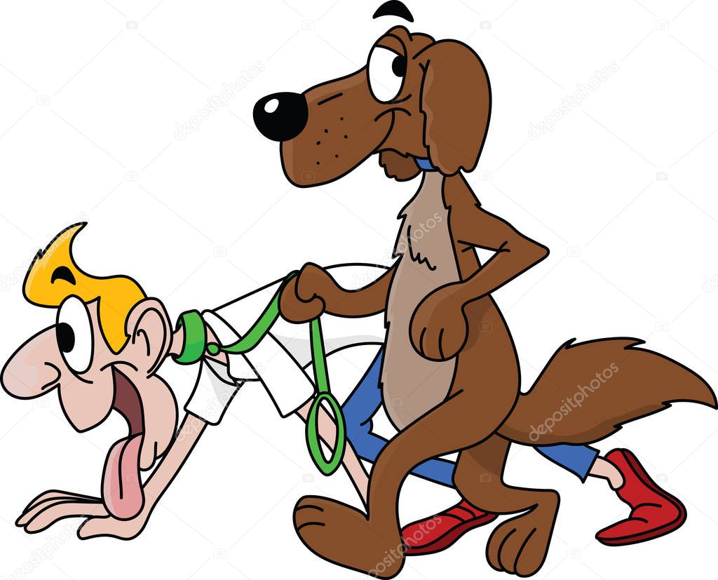 Cartoon dog walking his owner vector illustration