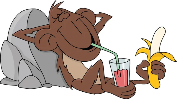 卡通猴子放松与香蕉和茶点在他的手中矢量插图 — 图库矢量图片
