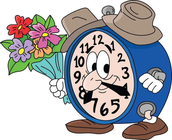 Cartoon clock holding a bouquet of flowers going on a date with his girlfriend vector illustration — Stock Vector