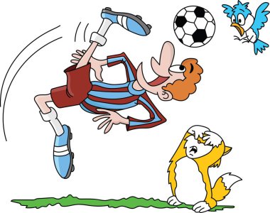 Onun evcil hayvan arkadaşları endişeyle vektör illüstrasyon izlerken Karikatür futbol oyuncusu ters çekim alarak