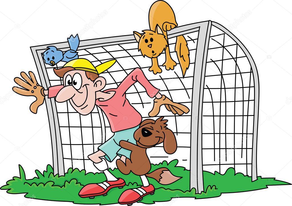 Excited cartoon goalkeeper waiting the shot with his pet friends vector illustration