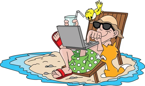 Karikaturist Urlaub Strandkorb Liegend Seine Mails Mit Seinem Laptop Checkend — Stockvektor