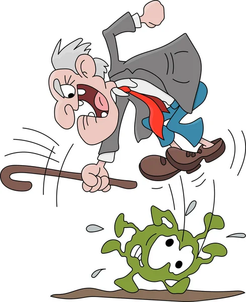 Cartoon Starý Muž Bití Korona Virus Vektorové Ilustrace — Stockový vektor