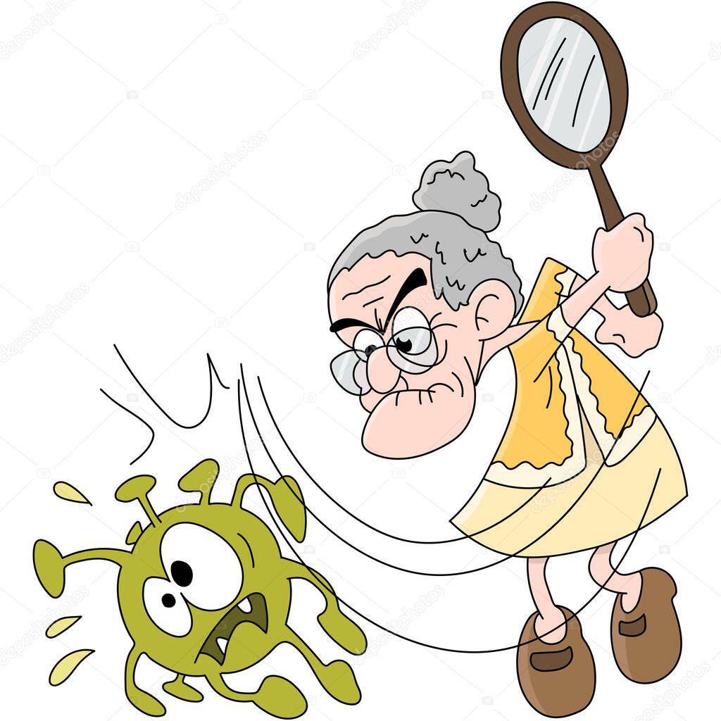 Cartoon old woman beating corona virus vector illustration