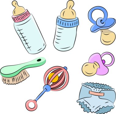 Bebek besleme şişeleri, emzikler ve bebek bezlerinin çizgi film vektör çizimi
