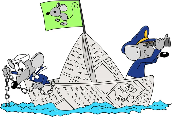Twee Cartoon Muizen Zeilen Samen Een Papieren Boot Vector Illustratie — Stockvector