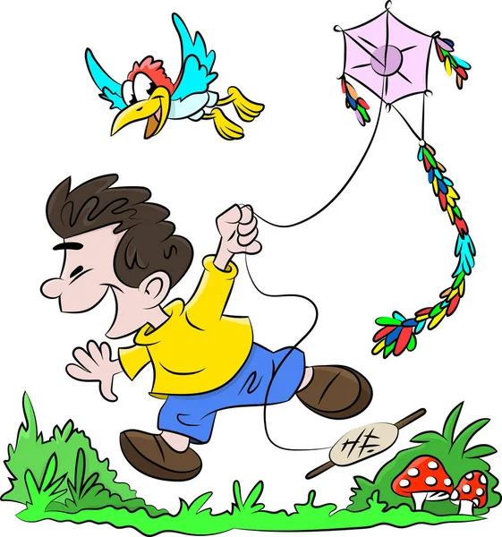 Cartoon Boy Correre Felicemente Volare Aquilone Vettoriale Illustrazione — Vettoriale Stock