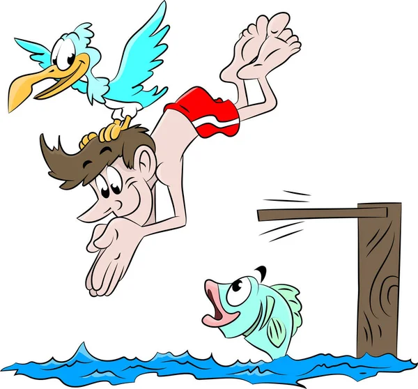 Dibujos Animados Hombre Vacaciones Sumergirse Vector Del Mar Ilustración — Vector de stock