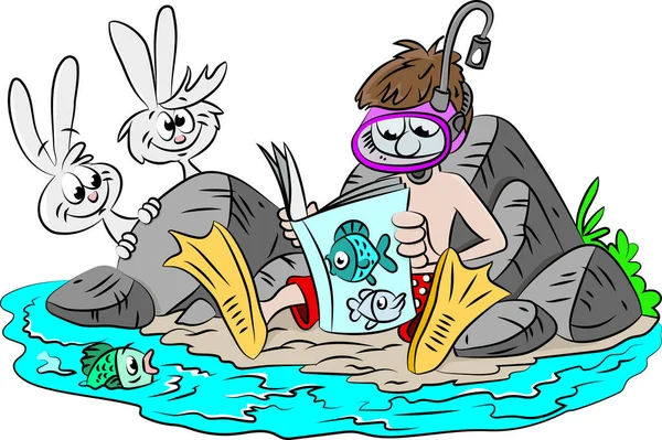 Karikaturist Mit Tauchermaske Und Schwimmflossen Liest Eine Illustration Eines Magazins — Stockvektor