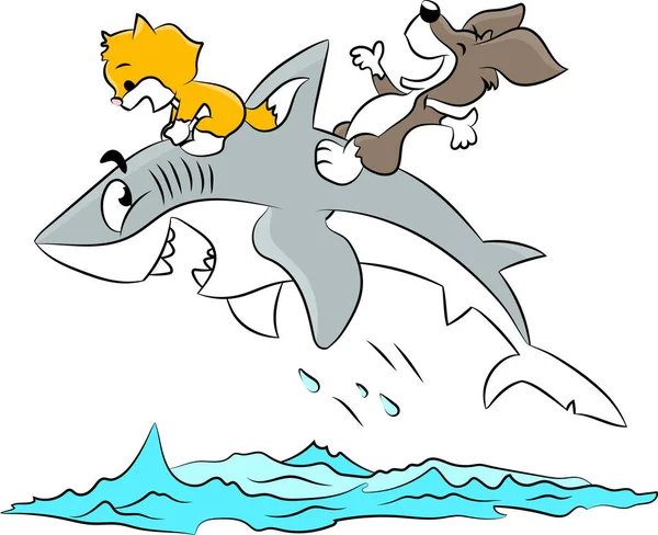 Cartoon Katze Und Hund Beim Reiten Eines Hais Genießen Sommerferien — Stockvektor