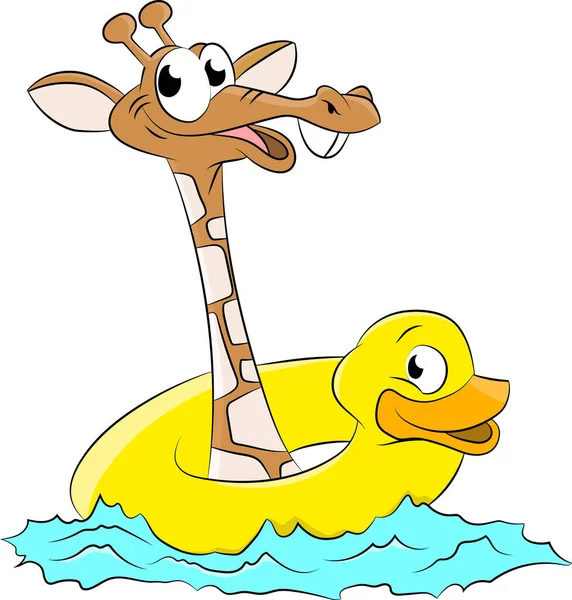 Cartoon Giraffe Trägt Eine Rettungsboje Schwimmvektorillustration Der Ente — Stockvektor