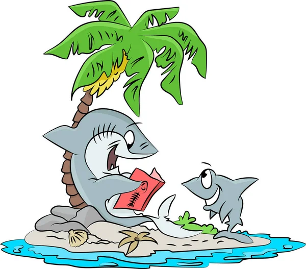 Γελοιογραφία Καρχαρία Ανάγνωση Ενός Βιβλίου Στο Γιο Του Διανυσματική Απεικόνιση — Διανυσματικό Αρχείο