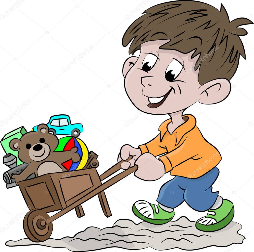 Cartoon boy carrying his toys with a wheel borrow vector illustration