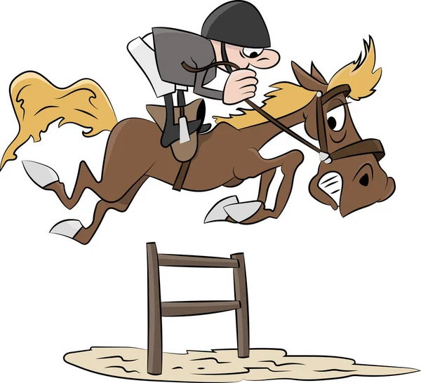 卡通片骑手和他的马一起在马术比赛中跳跃 展示了跳跃比赛的矢量图解 — 图库矢量图片