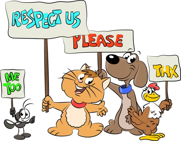 卡通画动物手里拿着横幅捍卫动物权利的媒介图解 — 图库矢量图片