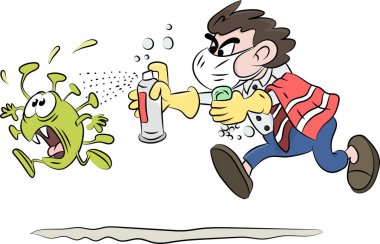 Çizgi filmci elinde sabun ve dezenfektanla Corona virüsünün peşinden koşuyor.
