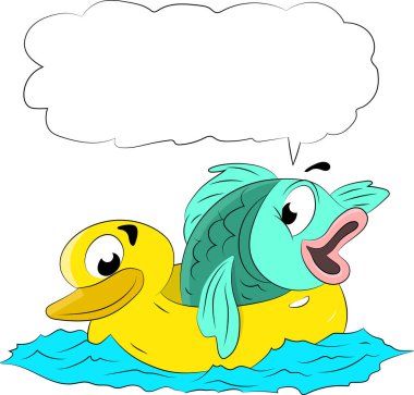 Ördek yaşam şamandırası takan çizgi film balığı yüzme vektörü çizimi