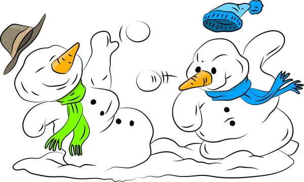 Мультяшні Сніговики Шапках Шарфі Грають Сніжки Вулиці Насолоджуючись Зимою Векторні — стоковий вектор