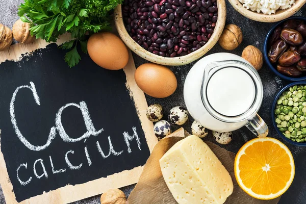 Food with calcium. Products rich in calcium. The view from above, flat lay