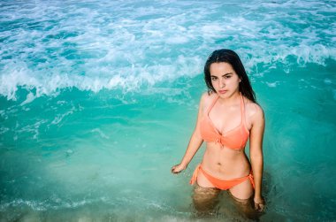 Bikinili genç bayan bir Amerikan tropikal okyanusta bırakın