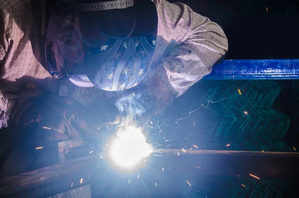 Worker using a welding machine to join pieces of metal