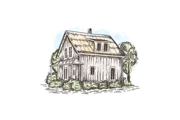 Antigua Casa Campo Ilustración Vectorial Estilo Boceto Estilo Rural — Archivo Imágenes Vectoriales