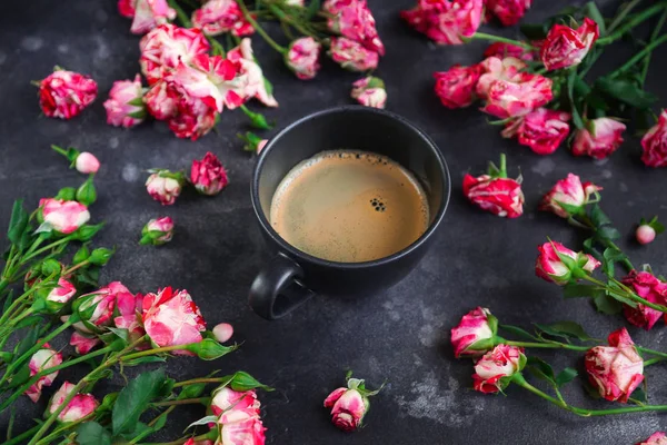 Coffee and flowers, Dark background, Top view, March 8, Women's Day