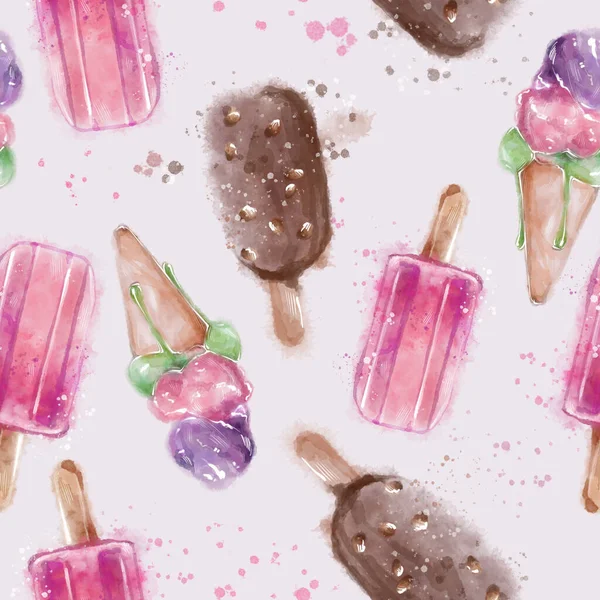 Μικτή Ice Cream Seamless Pattern Γλυκύτητα Εικονογράφηση Υδατογραφία Raster Εικονογράφηση — Φωτογραφία Αρχείου
