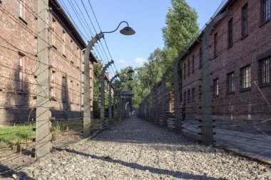 Auschwitz-Birkenau toplama kampı. Auschwitz anıt. Polonya'daki toplama kampı. Savaşın dehşeti. Fabrika ölüm. İkinci Dünya Savaşı. Naziler zulüm. Elektrik akımı ile çit. Ölümcül tehlike. Jail Break Jail break. Dikenli tel.
