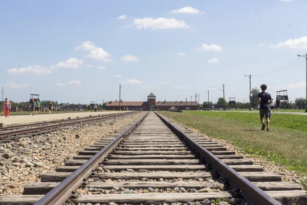 Kapı Birkenau ölüm. Dağıtım platformu. Raylar Auschwitz-Birkenau toplama kampında. Naziler savaş sırasında suç. Bir toplama kampında esir öldürülmesi.