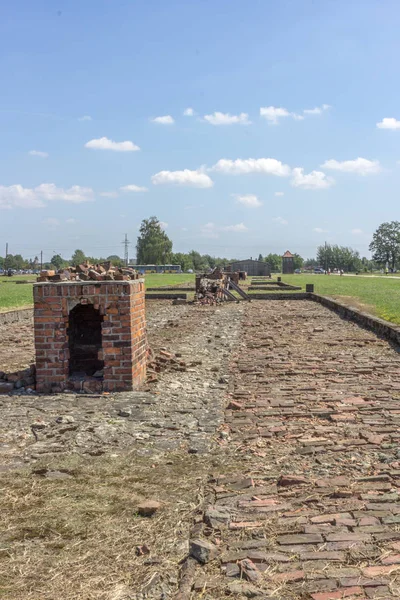 Skeletons of the barracks in the concentration camp. Auschwitz-Birkenau Concentration Camp. Memorial to Auschwitz. Concentration camp in Poland. Horrors of war. Factory of death. The Second World War. Cruelty of the Nazis.