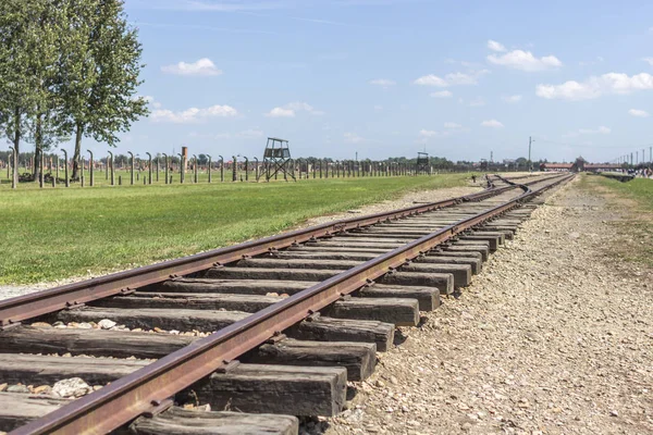 Kapı Birkenau Ölüm Dağıtım Platformu Raylar Auschwitz Birkenau Toplama Kampında — Stok fotoğraf