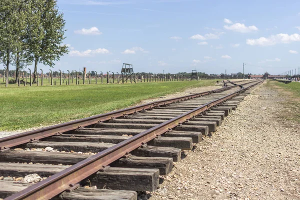 Kapı Birkenau ölüm. Dağıtım platformu. Raylar Auschwitz-Birkenau toplama kampında. Naziler savaş sırasında suç. Bir toplama kampında esir öldürülmesi.