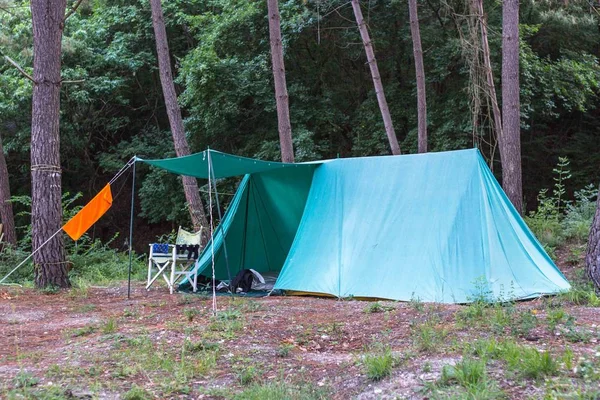 森の中のテント 山の旅 野生のキャンプ グリーン ツーリズム キャンプでの生活 新鮮な空気に夏の休暇の野蛮人 — ストック写真