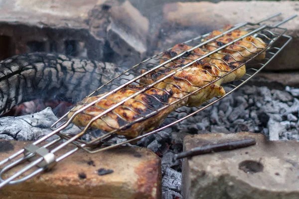 Şiş kebap yanıyor. Barbekü için et. Izgara et. Ateş üzerinde pişirme. Şömine başında ormanda piknik. Tavuk ya da ızgara et.